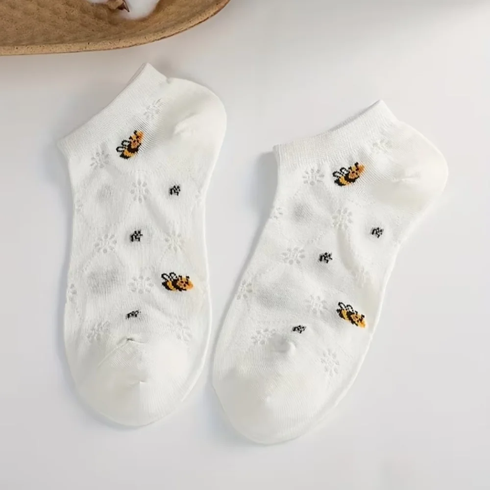 5 Pairs Bee & Floral Socks, Simple Japanese Style Low Cut Ankle Socks